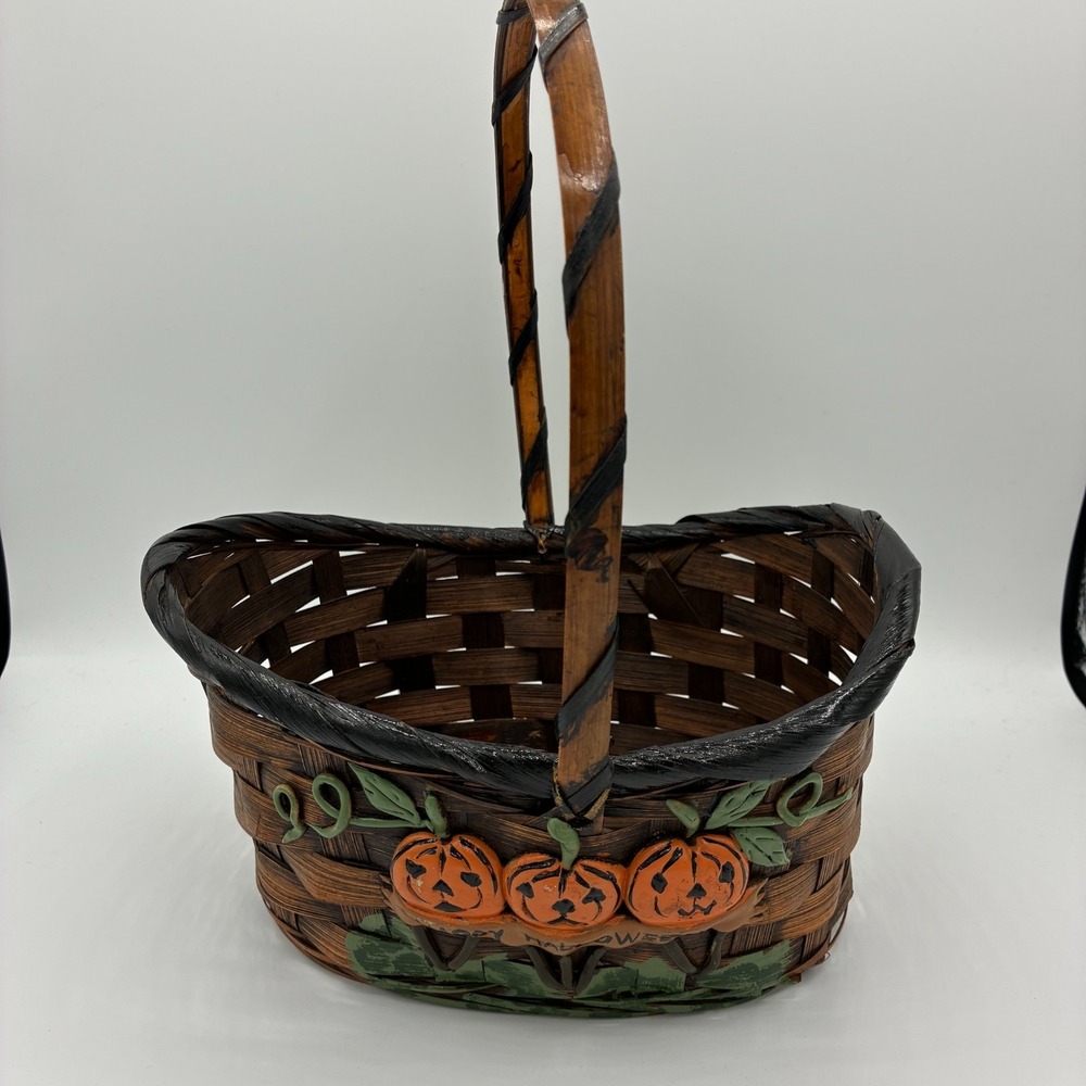 Vintage Woven Splint Basket Halloween Jack-O-Lantern Pumpkins Happy Halloween